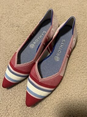 Rothy’s “The Point”  flats size 9.5 red blue stripe knit pointed toe EUC